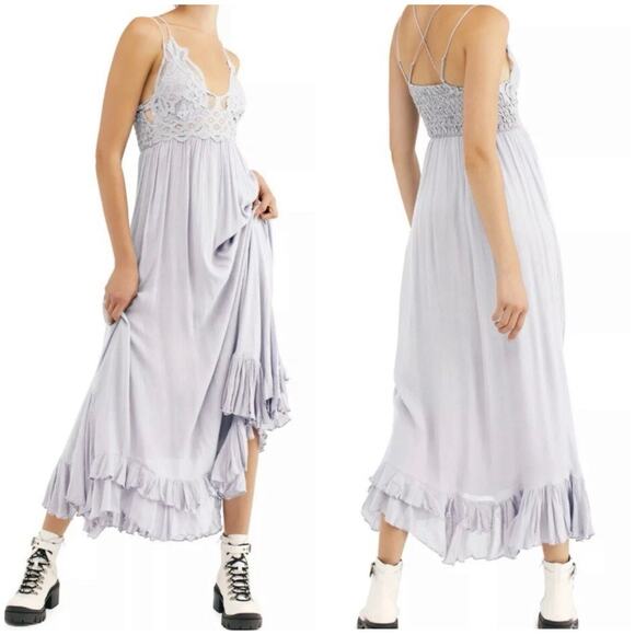 Free People Stardust Lace Midi Dress XS NWT Light Gray Lilac Boho Smocked - Picture 2 of 10